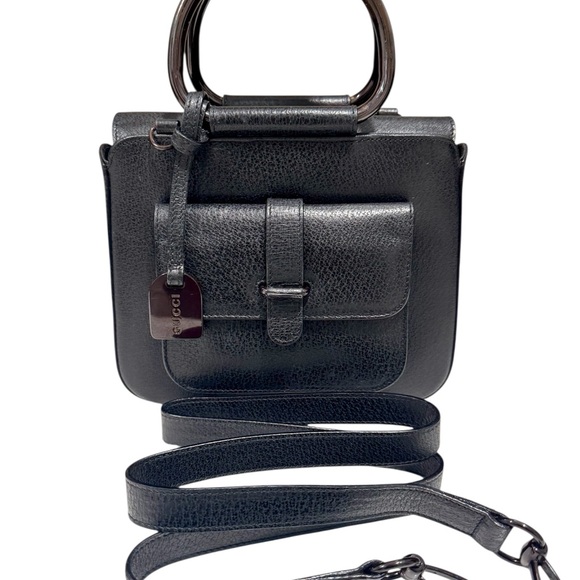 Gucci Black leather 2-way Crossbody Bag with brown metal Accents Removable strap - Picture 1 of 13